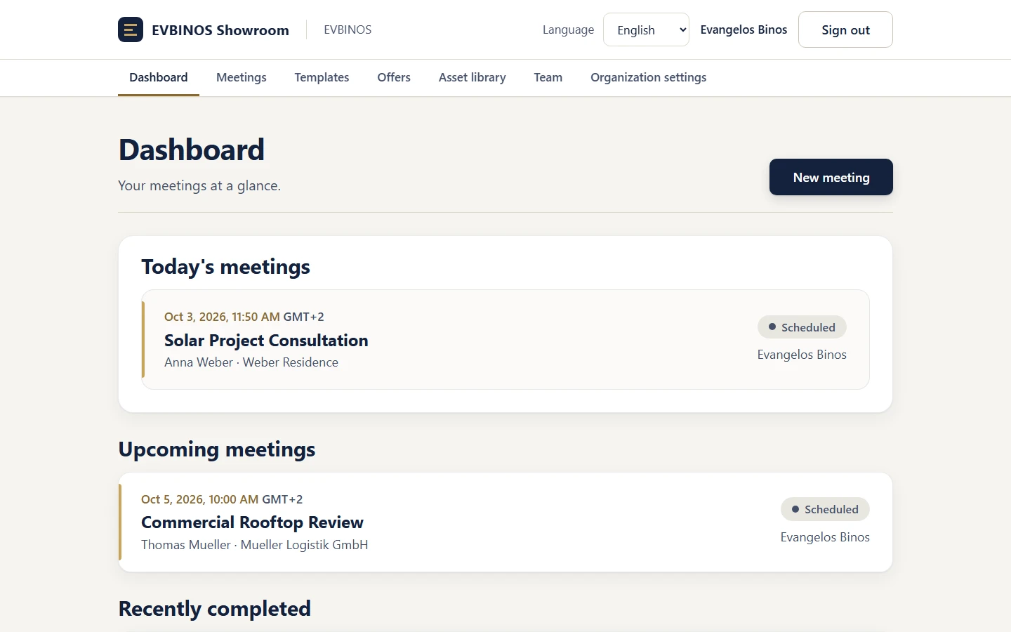 Το dashboard του EVBINOS Showroom με τις συναντήσεις «Solar Project Consultation» και «Commercial Rooftop Review»
