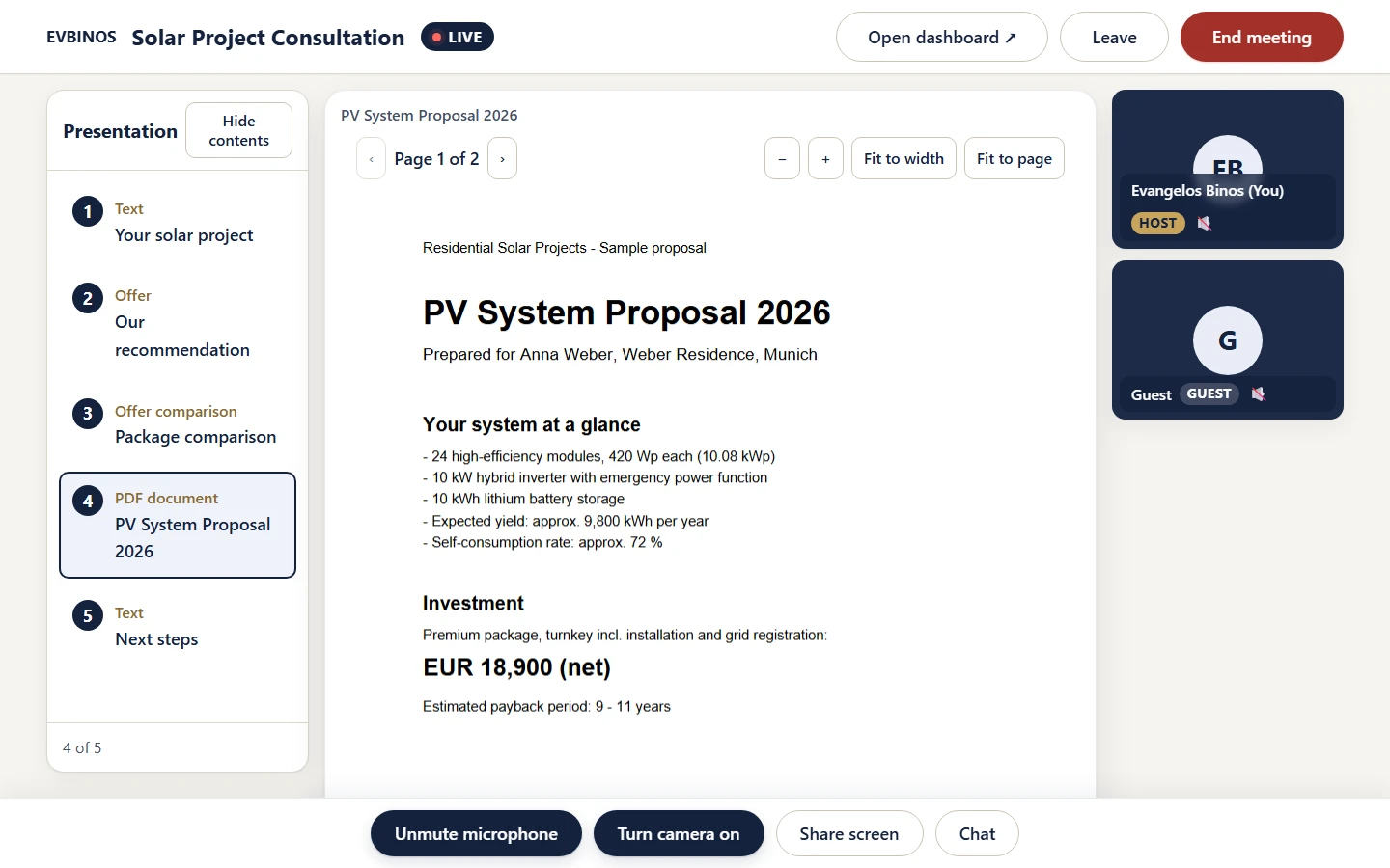 Ένα PDF «PV System Proposal» ανοιχτό στην επιφάνεια παρουσίασης του EVBINOS Showroom