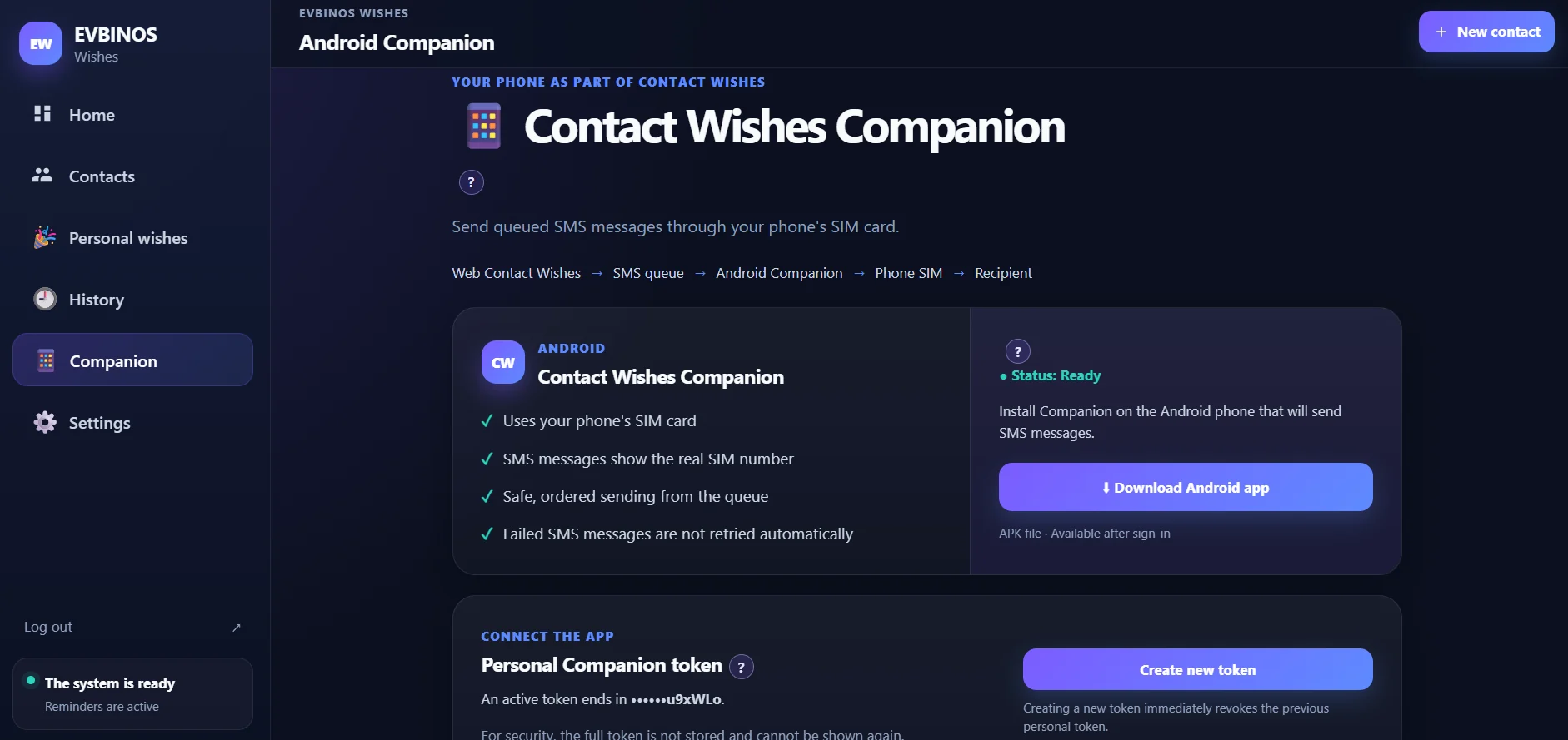 Die Android-Companion-Seite von EVBINOS SMS.