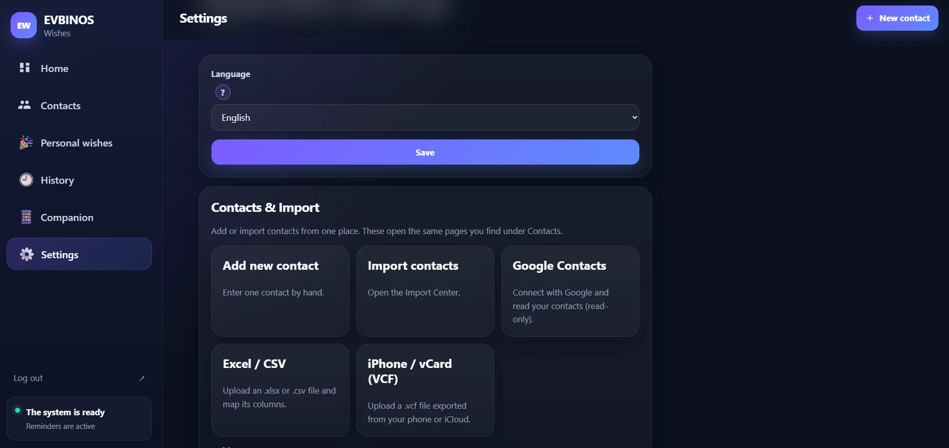Der Bereich Kontakte & Import in den Einstellungen von EVBINOS SMS mit Google Contacts, Excel / CSV und iPhone / vCard.